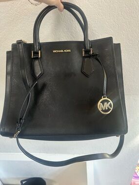 Michael Kors Black Saffiano Satchel with Gold MK Charm